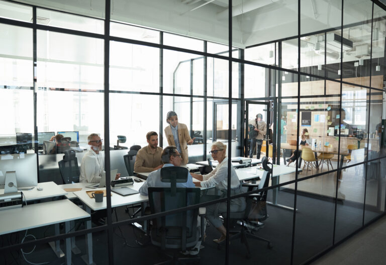 Group of multiracial business people having a meeting in board room, working together in modern office or coworking space