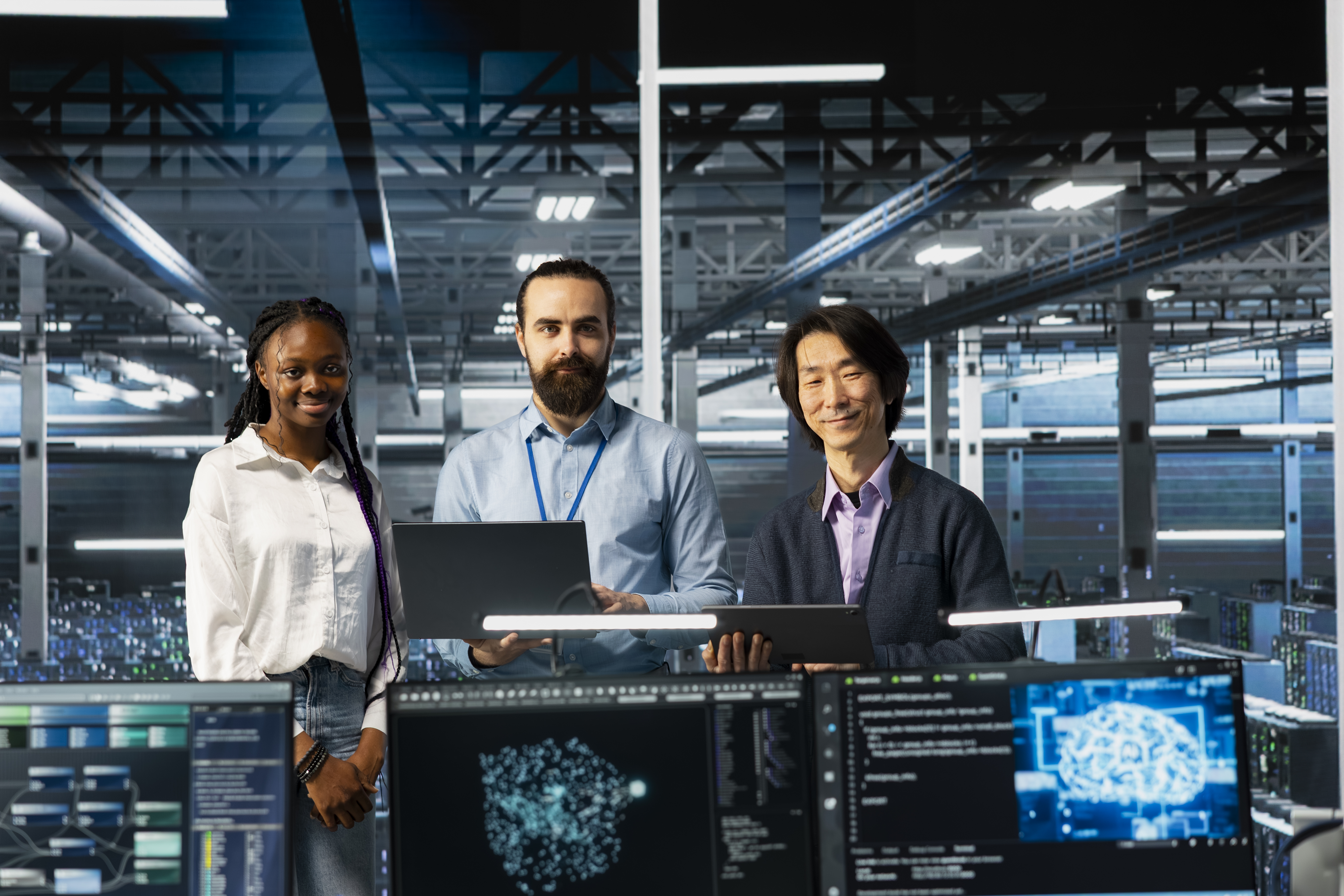 Portrait Of Smiling Multiethnic Engineers In Data Center Troubleshoot Using Ai