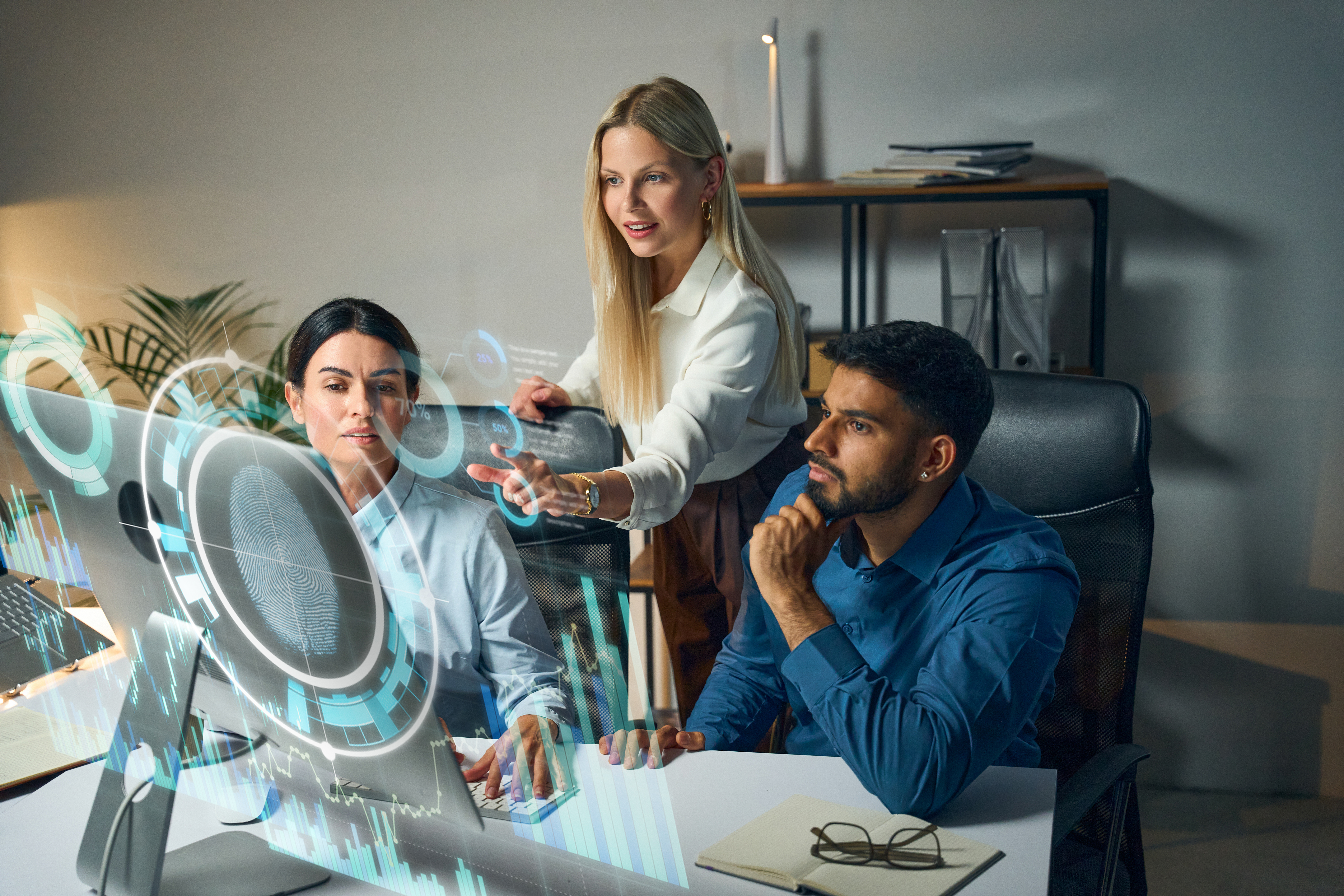Team Analyzing Futuristic Data On Holographic Interface In Modern Office Setting