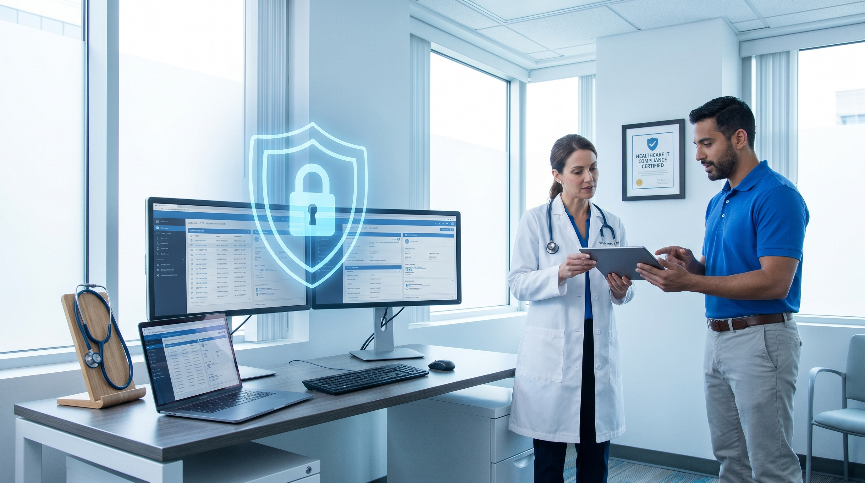 Medical Office With Electronic Health Records And Digital Security Shields Protecting Patient Data