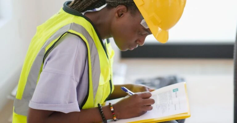 Person wearing a yellow hard hat and high-visibility vest writing on a clipboard.