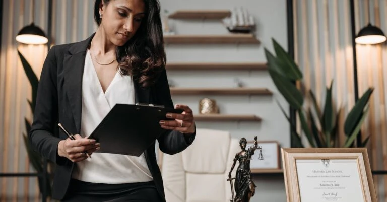 Woman in a dark suit reviews a clipboard beside a Lady Justice statuette and framed certificate.