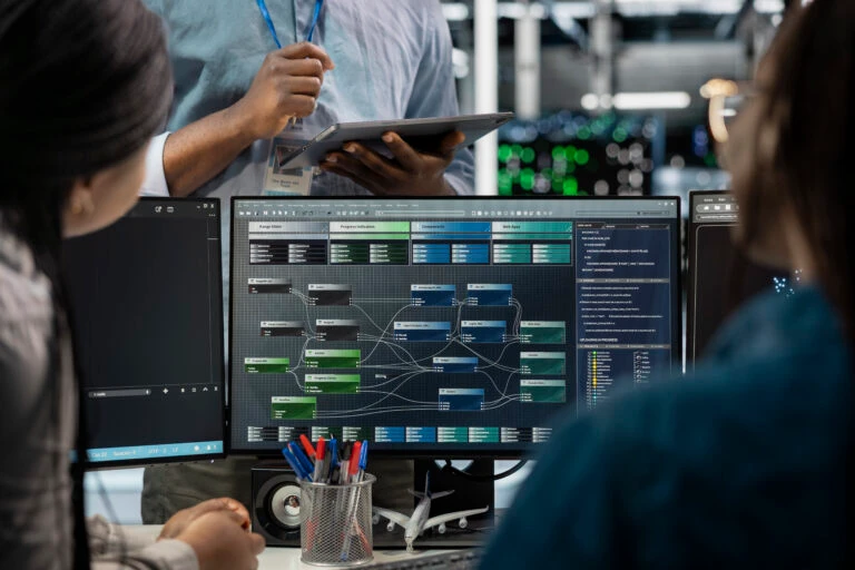 Close up of data center programmers using PC to visualize AI neural networks