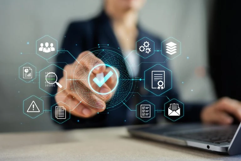 Businesswoman touching check mark icon for quality assurance, compliance standard and data security.